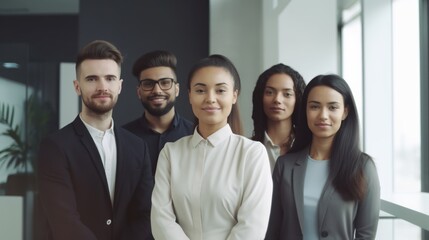 Obraz premium Multiracial diverse business team headed with boss posing to camera. Smiling businesspeople in office. Business concept.