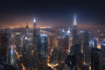 Naklejka premium exquisite cityscape wallpaper, showcasing the dazzling lights of towering skyscrapers against the backdrop of a velvety night sky. Generative AI.