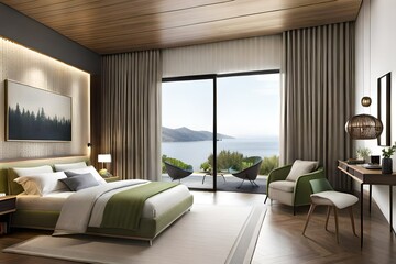 Fototapeta premium White bedroom with kale green armchair, pouf and double bed