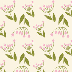 Fototapeta na wymiar Pink flowers isolated on beige background. Hand drawn floral seamless pattern vector illustration. 