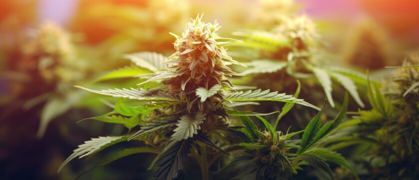 Closeup of flowers of a cannabis plant. Generative AI