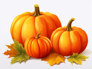 Harvest Time, Colorful Autumn Leaves and Pumpkins on White Background