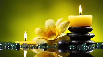 Spa still life with yellow flower, candles pebble and water drop on green background