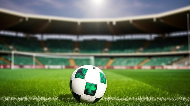 Field of Dreams. Soccer ball on green stadium arena