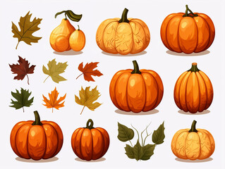 Autumn Harvest, Vibrant Leaves and Pumpkins Isolated on White