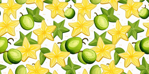 Star fruit leaf illustrations seamless pattern with sliced fruits. Concept: Uncommon tropical fruit wallpapers.