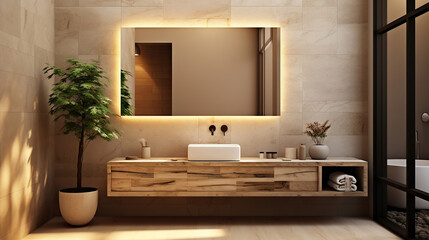 Fototapeta na wymiar Luminous Timber Luxe, LED-Mirrored Wood Bathroom with Beige Stone Sink Ambiance
