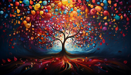 Vibrant Leaves, Colorful Tree Illustration for Interior Wall Art