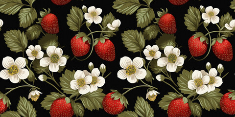 Seamless pattern with illustrated strawberries, graphic leaves on crimson backdrop. Concept: Berry elements on bold dark canvas.