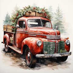 christmas truck, watercolor