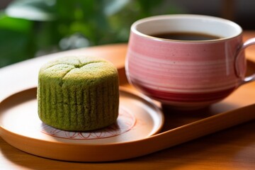 Matcha mochi, showcasing its vibrant green color and smooth texture, situated amongst a traditional Japanese tea set