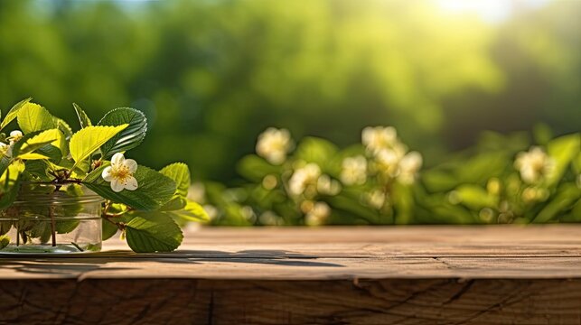 Empty wooden table with green leaves and jasmine flowers on background
