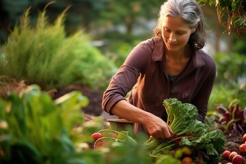 Hands of woman planting young lettuce seedlings in the soil. Horticulture sostenible. gardening hobby. Healthy organic food concept.