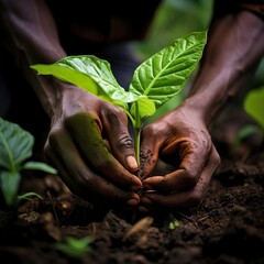 Hands of woman planting young lettuce seedlings in the soil. Horticulture sostenible. gardening hobby. Healthy organic food concept.