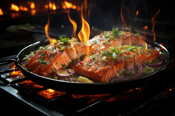 Grilled salmon steak with smoke and flames, delicious and juicy trout on the barbecue