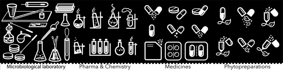 Set of life sciences and laboratory icons. Microbiological laboratory, medicine, pharma, chemistry and phytopreparation signs. Vector Illustration