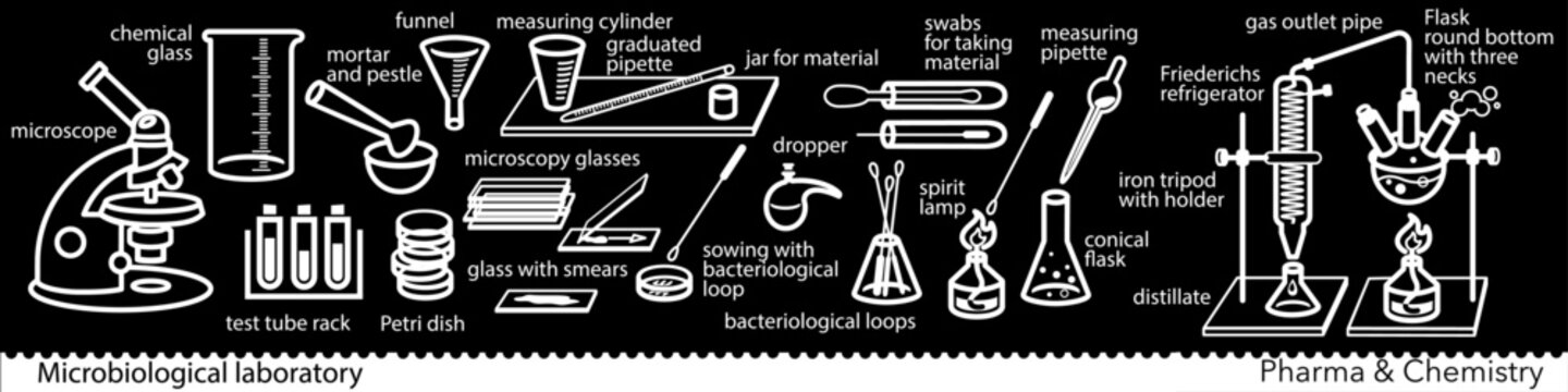 Set of microbiological lab icons. Miscellaneous laboratory devices and equipment. Vector Illustration
