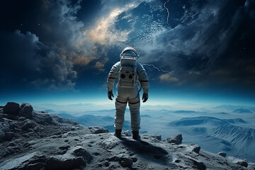 Astronaut standing sitting on the moon lunar surface looking at the earth