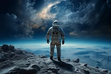 Fototapeten Astronaut standing sitting on the moon lunar surface looking at the earth © Wuttichaik