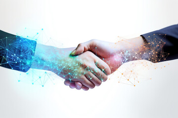 Fototapeta premium A collaboration between global network corporations is established, and the CEOs exchange handshakes.