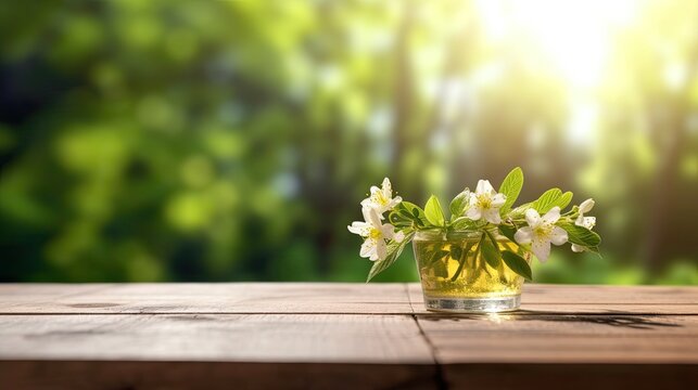 Jasmine flowers in a glass on a wooden table on a green background