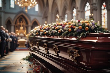 funeral and mourning concept - wooden coffin in christian orthodox church - obrazy, fototapety, plakaty