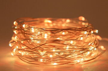 LED string lights. Party holiday christmas decoration lights. Close up christmas LED lighting