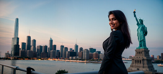 Professional Businesswoman in Front of Statue of Liberty. Indian American Woman. Career Abroad Concept.