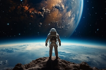 Astronaut standing sitting on the moon lunar surface looking at the earth - obrazy, fototapety, plakaty