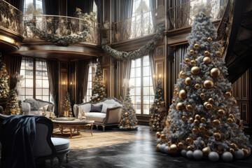 Decorated Christmas tree with golden balls in a luxurious interior, new year tradition, merry xmas