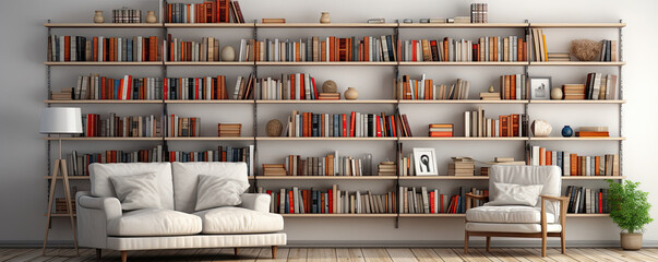 Home library with bookshelves on the wall, Generative AI