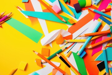 school supplies at abstract colorful background