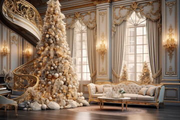 Decorated Christmas tree with golden balls and gifts in a luxurious interior, new year tradition, merry xmas