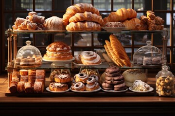 An image of a bakery display featuring a variety of freshly baked pastries, croissants, and Danishes. Generative AI