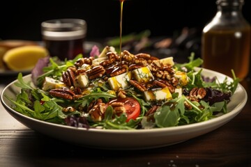 A gourmet salad with mixed greens, candied nuts, goat cheese, and a drizzle of tangy vinaigrette. Generative AI