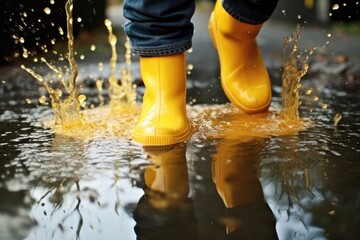 Kid with rain boots seen walking through puddle of water 