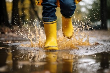 Low angle view of kid walking through splashing water with rubber boots