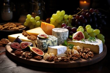 A gourmet cheese platter with an assortment of aged cheeses, nuts, dried fruits, and fig jam. Generative AI