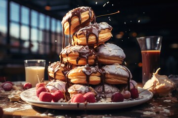 A dynamic shot of pouring melted chocolate over a tower of cream puffs, creating a decadent dessert. Generative AI