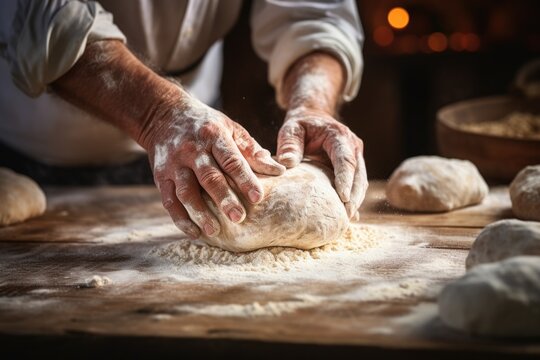 A rustic scene of hands kneading dough on a flour-covered surface, ready to be baked into bread. Generative AI