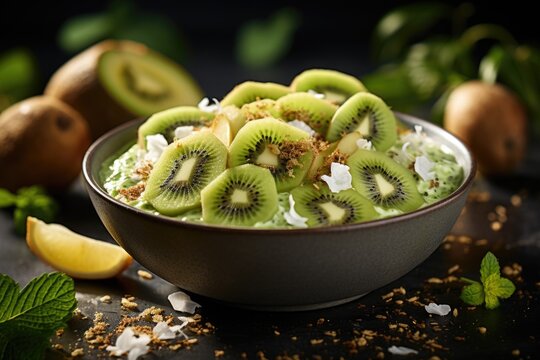 A refreshing image of a tropical smoothie bowl adorned with coconut flakes, kiwi slices, and granola. Generative AI