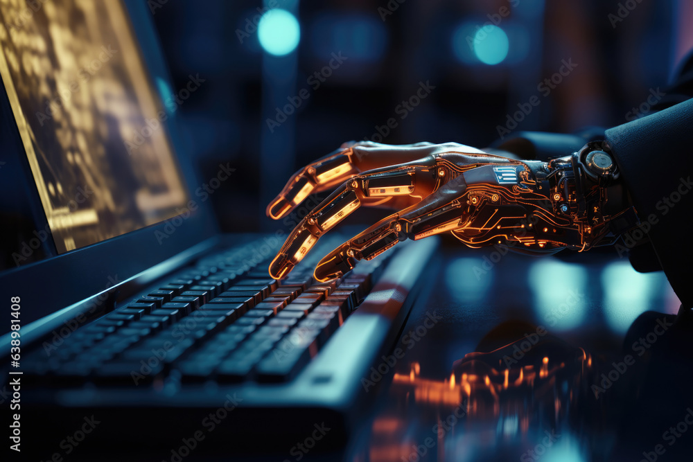 Poster robot hand working at a computer, technology development concept