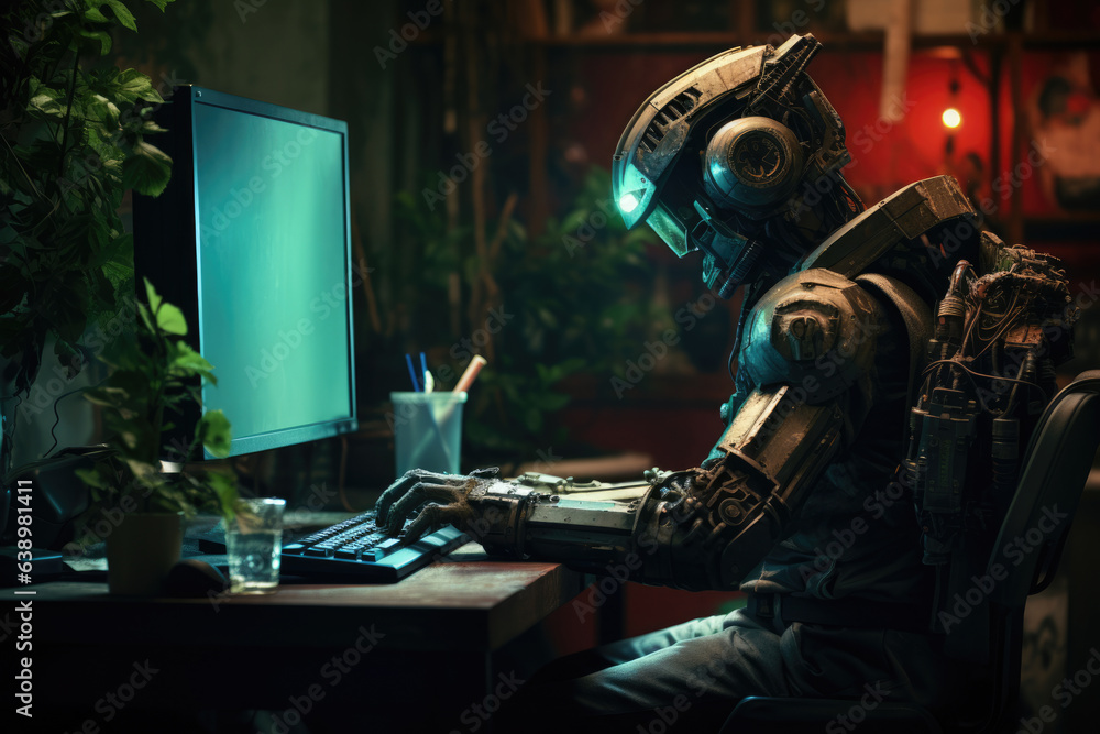 Poster robot works at the computer, the concept of technology development
