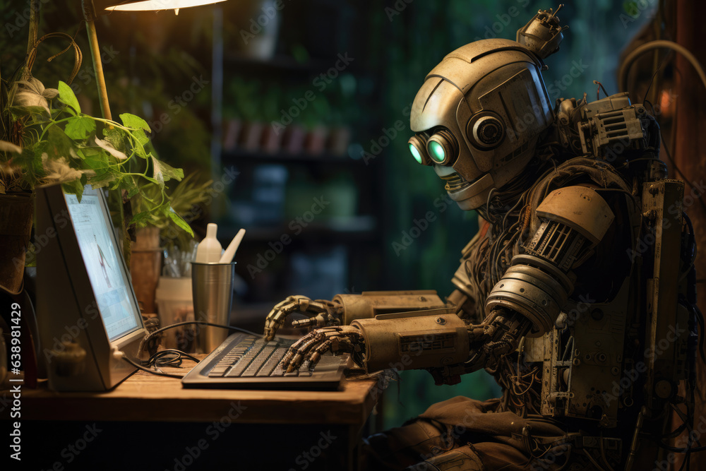 Poster robot works at the computer, the concept of technology development