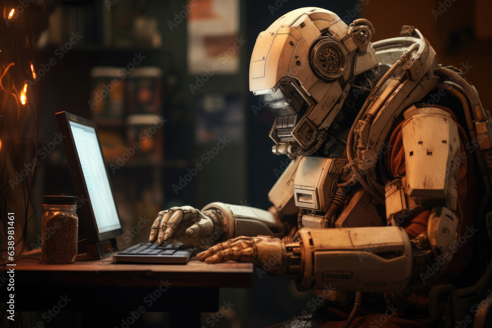 Poster robot works at the computer, the concept of technology development