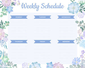 Blue Flowers Weekly Schedule Design with Blooming Flora Composition Vector Template