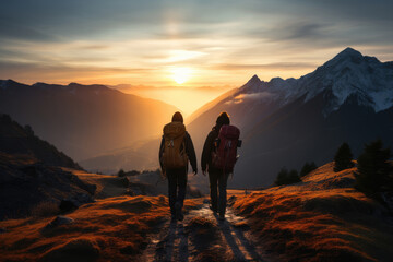 Fototapeta na wymiar Hikers guy with girl with backpacks walking up the mountain at sunset