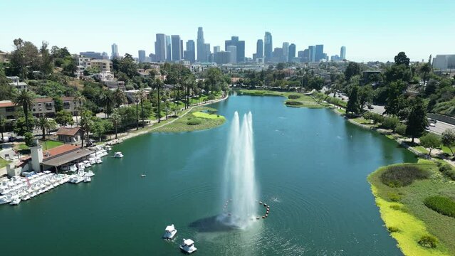 Drone ascends over Echo Park, Los Angeles
