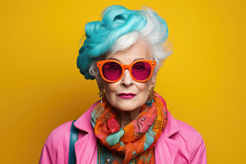Elderly well-groomed stylish woman in bright clothes