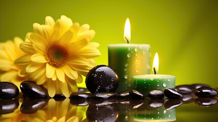 Spa Composition with Yellow Blossom, Candles, and Water Droplet
